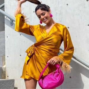 Feather Trim Gold Satin Wrap Dress